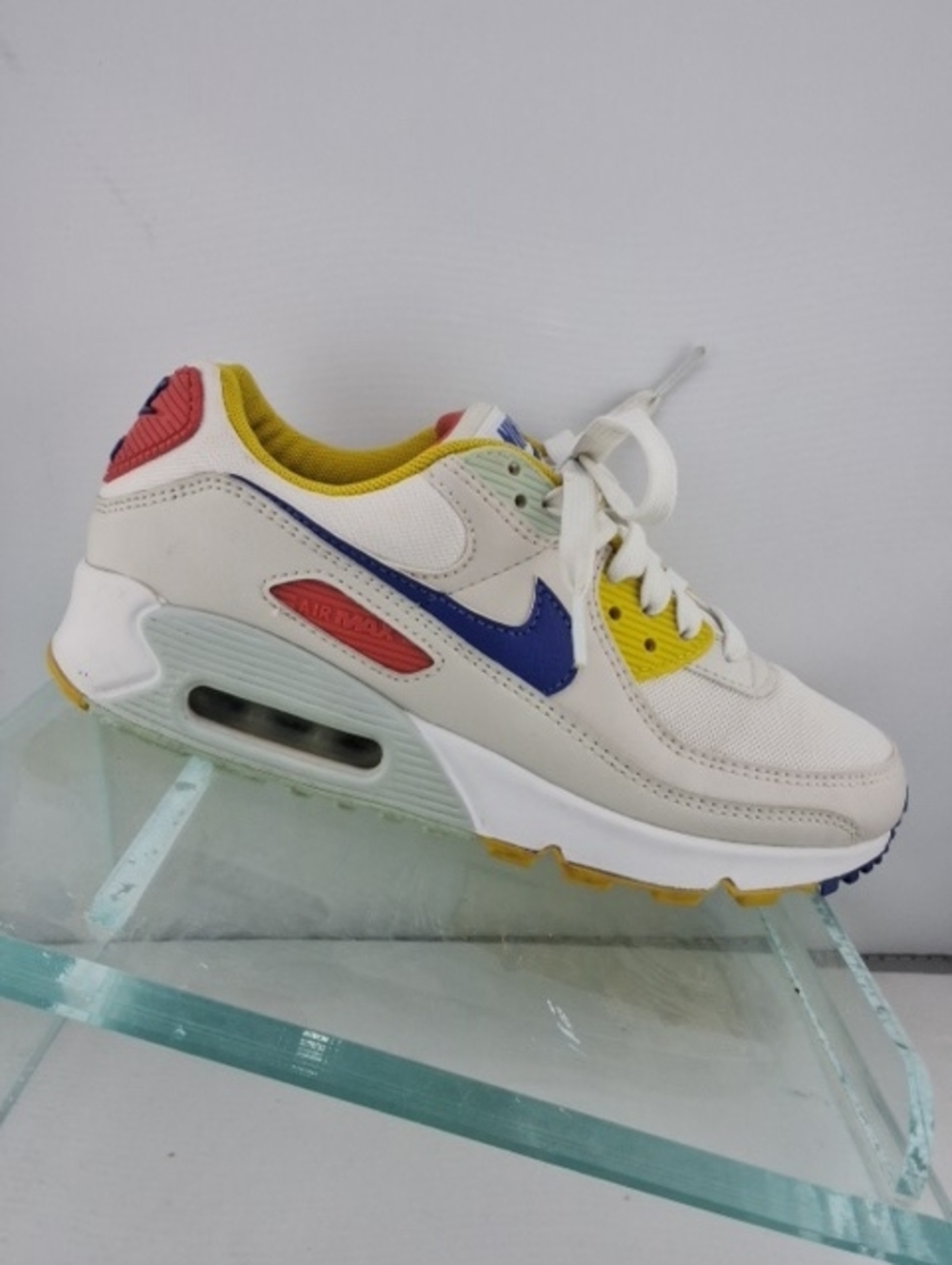 Nike Womens Air Max 90s Sneaker - White with Blue, Yellow & Red Accents